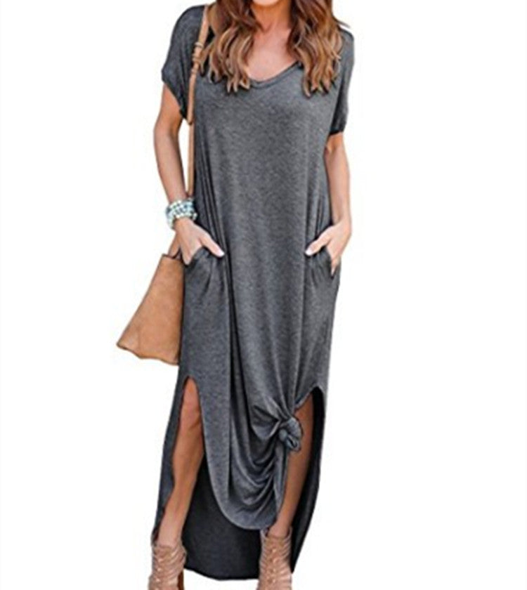 Wholesale Long Dress Summer Hot V-Neck Pocket Split Dress